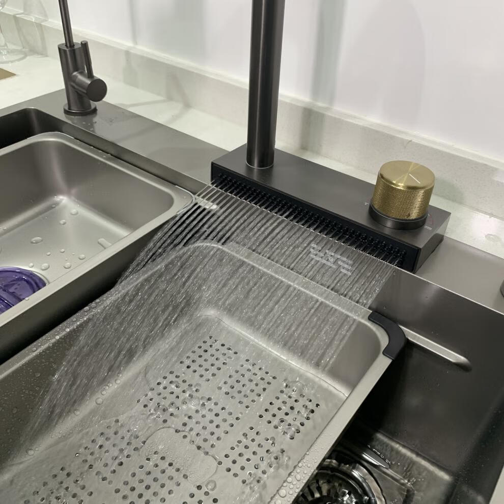 zooyi 九牧王瀑布水槽枪灰色飞雨水槽多功能瀑布大单槽厨房洗菜盆sus