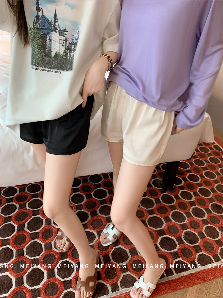 MEIYANG Sleepwear Shorts, Faux Silk Satin Anti-Exposure Shorts, Loungewear Pajama Shorts, Champagne Color, Size L 1