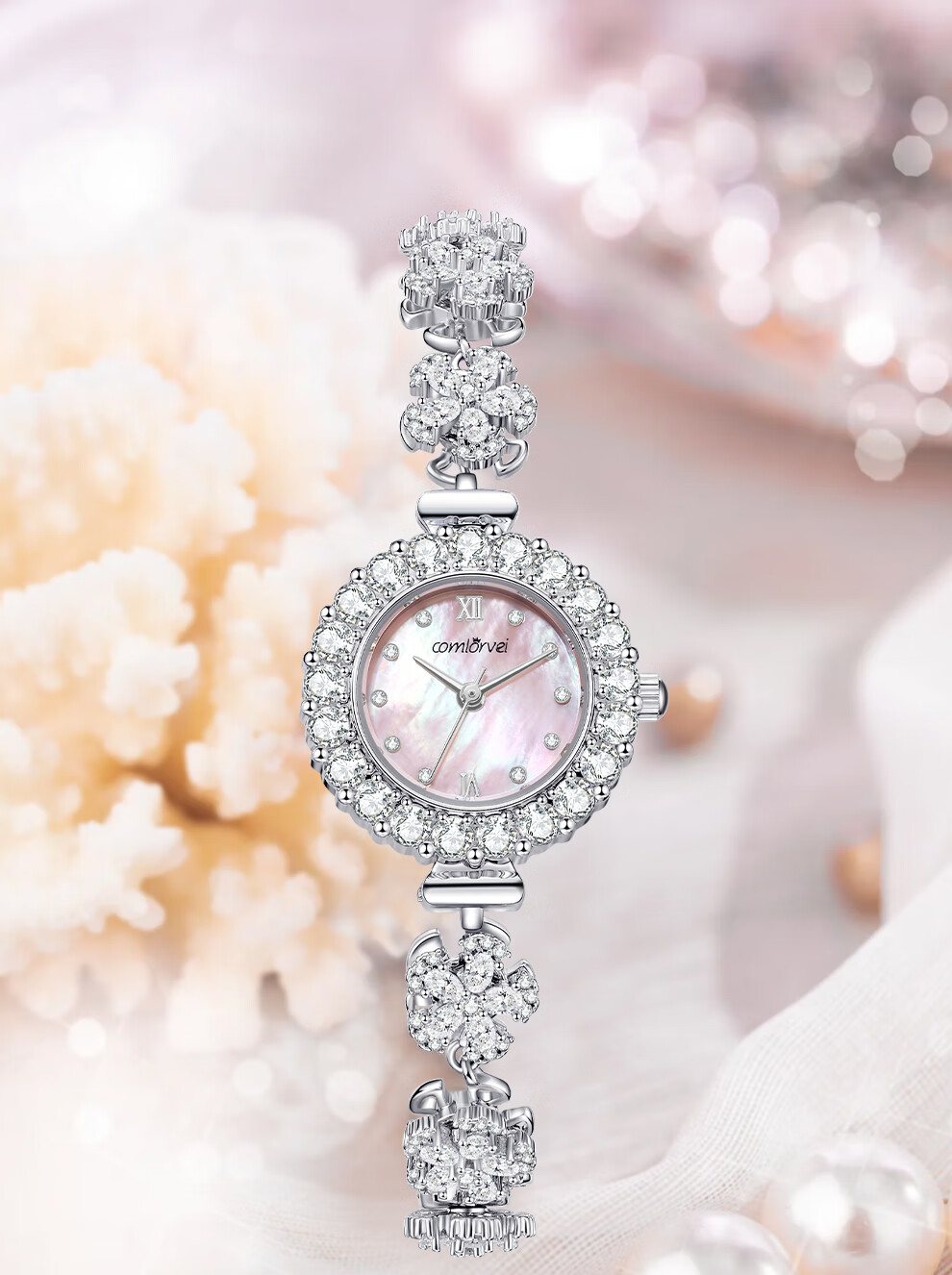 COMLORVEI Watch Rotating Peach Blossom Series with Diamond Inlay, Chinese Women's Watch, Sweet Gift for Girlfriend, Wristwatch 693 1