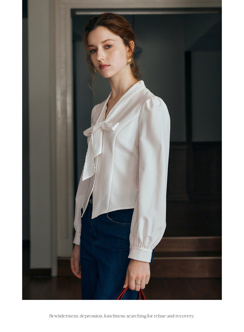 Oulain French Sweet Short Blouse for Women, Autumn New Style with Lace Trim And Ribbon, Casual Top, White, Size S 10
