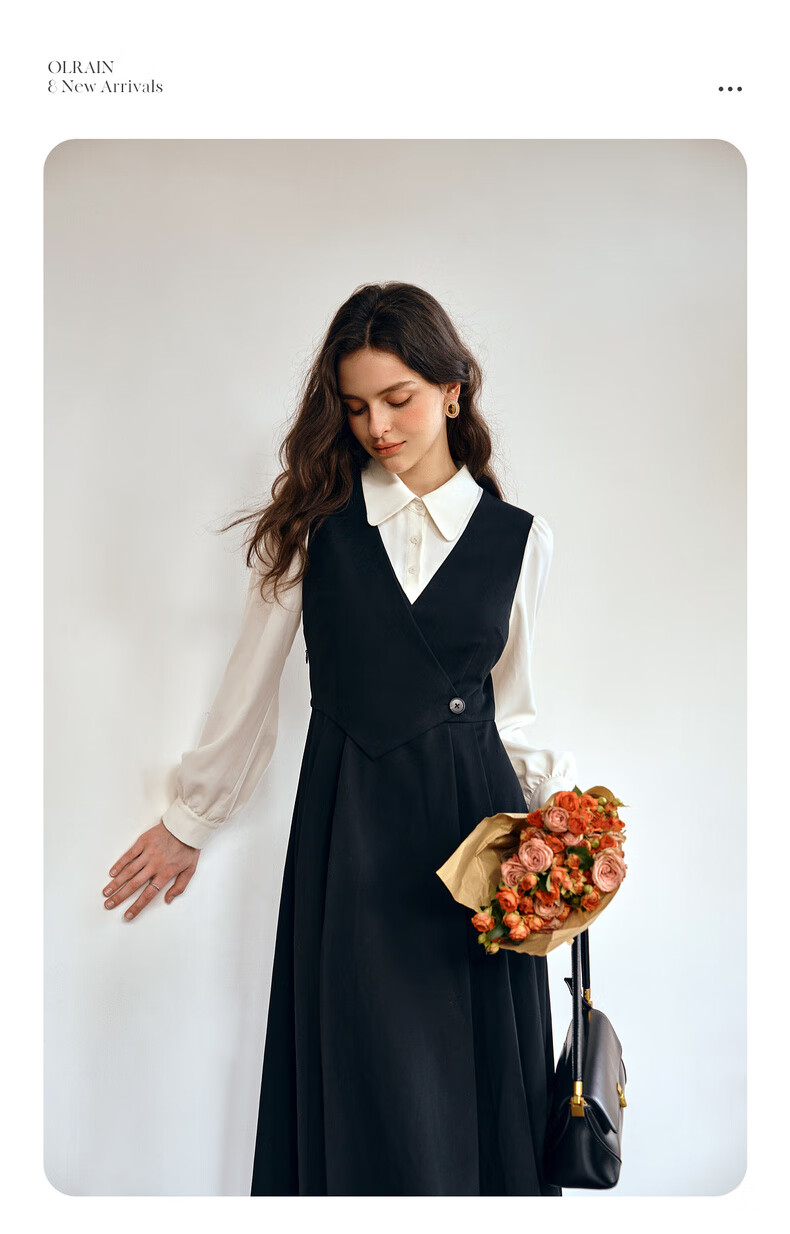Olrain Elegant Color-Block Spliced Faux Two-Piece Dress Women Autumn New Long Sleeve Dress Black S 2
