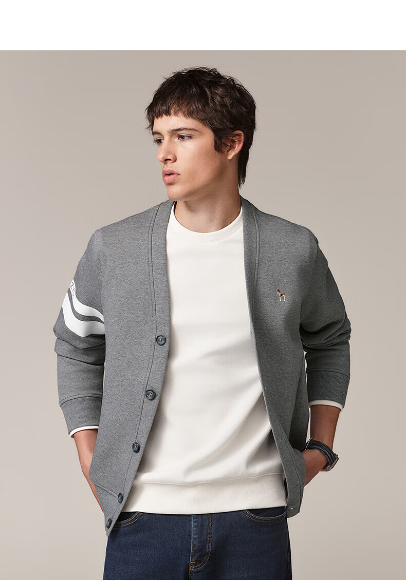 HAZZYS Men's Spring and Autumn V-Neck Casual Jacket with Color-Block Sleeves Cardigan Sweatshirt ABTZE0CCX34 11