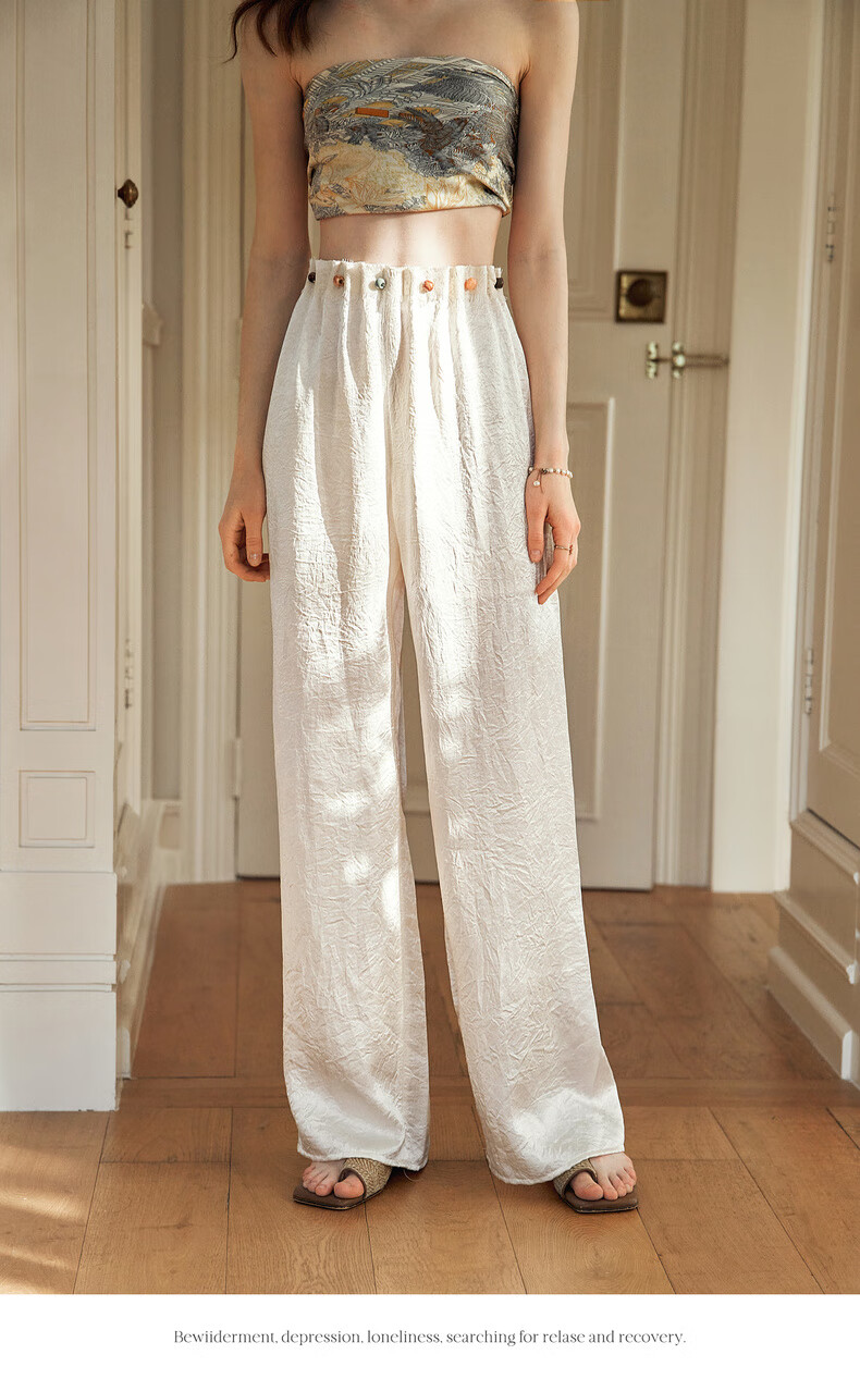 Olrain Eurier Beaded Lazy Vacation Straight-Leg Pants Women's Summer Loose Slim High-Waist Trousers Apricot XL 15