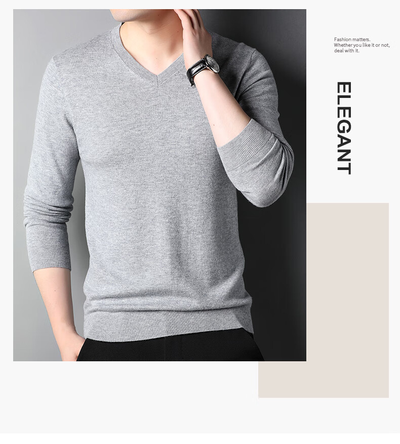 ROMON 100% Pure Wool Men's Classic Basic Thin V-Neck Sweater Autumn Winter Casual Knitwear Base Layer 3