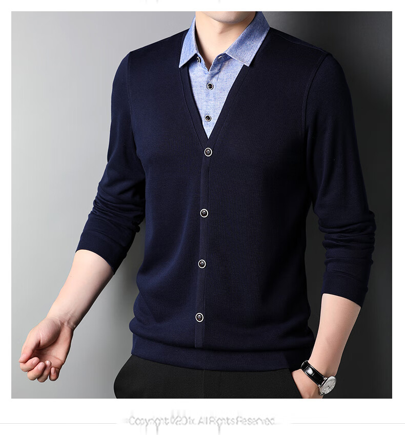 ROMON Autumn Winter Fake Two-Piece Knit Sweater Men Lapel Base Shirt Business Casual Warm Sweater for Young and Middle-Aged Men 7