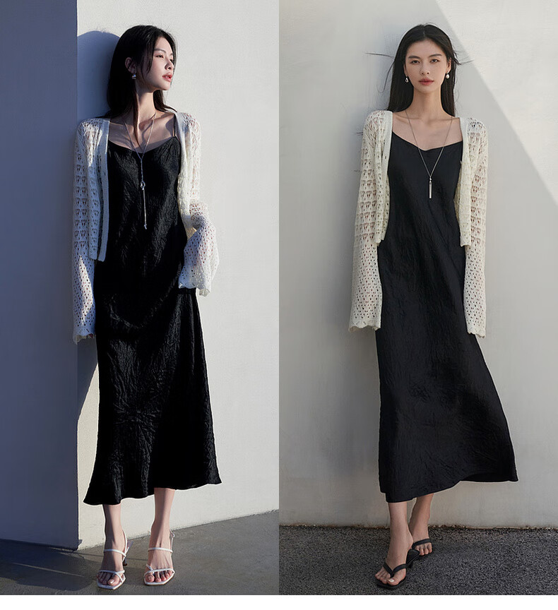 MEIYANG Hepburn Prequel Acetate Spaghetti Strap Dress, Light Luxury Satin Thin Strap Commuter Dress, Black Extended Version, Size S 25