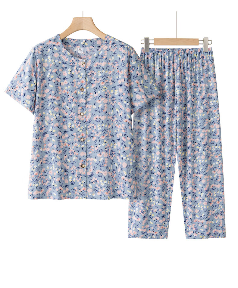 Fengxiao Middle-Aged and Elderly Women's Summer Cotton Silk Short Sleeve Set for 60-70 Year Olds Stylish Grandma Two-Piece Outfit 16