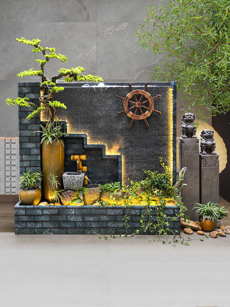 茶楼摆件 新中式庭院水景流水墙水幕假山喷泉装饰茶楼会所入户花园