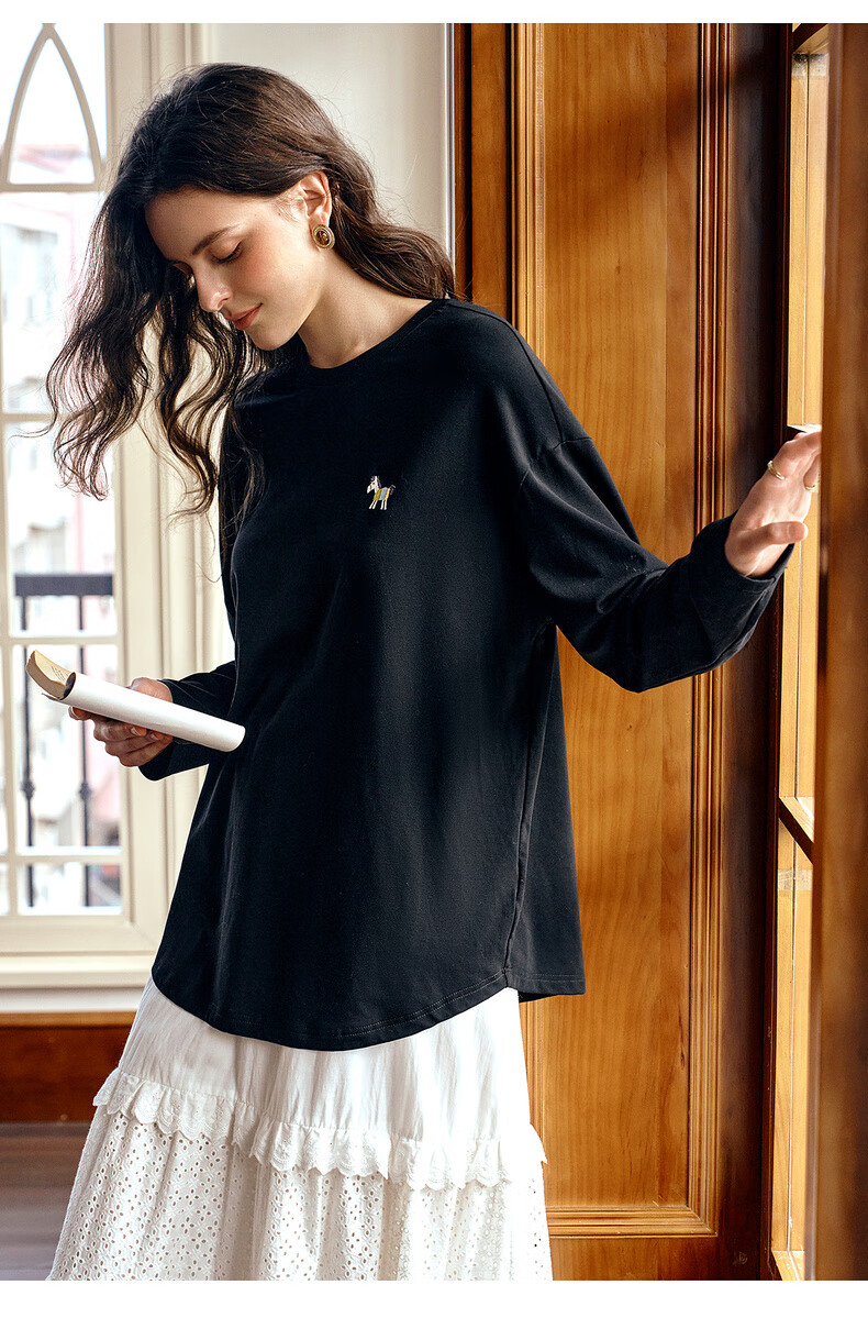 Olrain Casual Versatile Top for Women, Autumn New Loose Mid-Length Brushed Long-Sleeve T-Shirt, Black, Size S 6