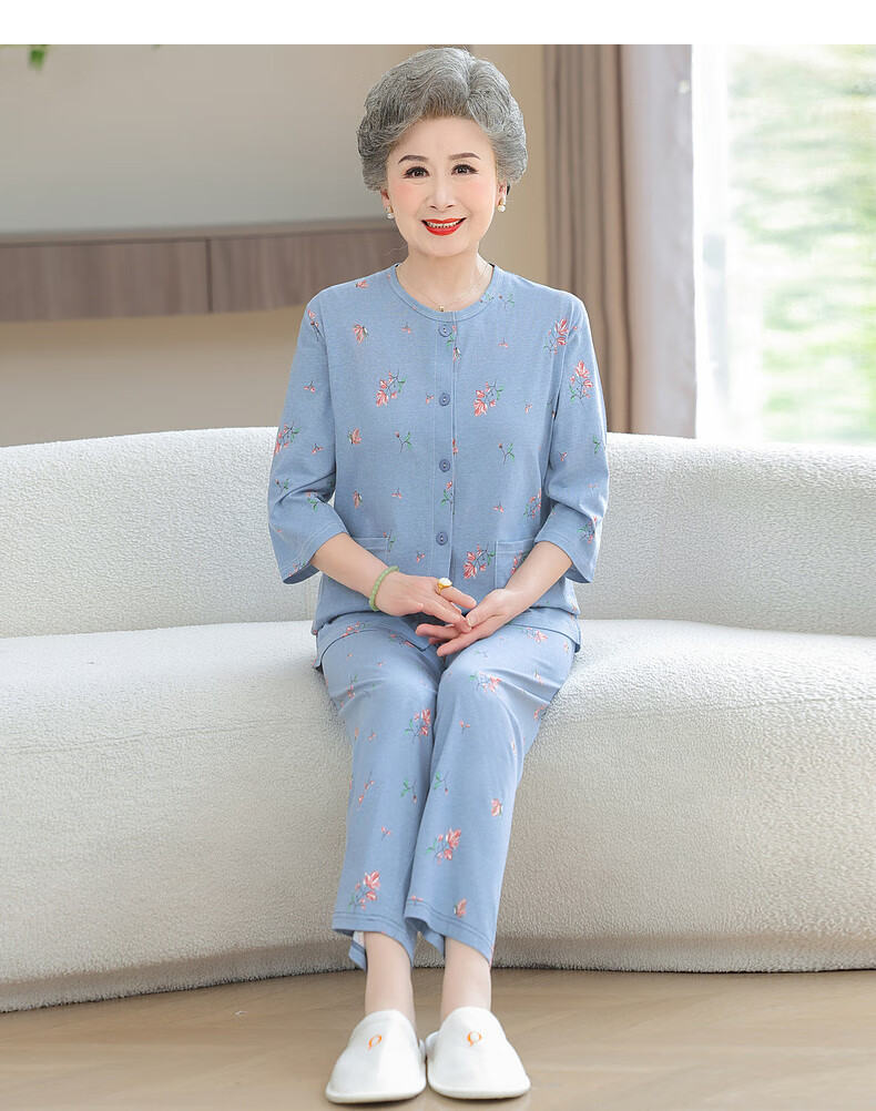 Fengxiao Middle-aged and Elderly Mom Spring Pajama Set Two-piece Pure Cotton Elderly Homewear Grandma Loose Long Sleeve Suit 12