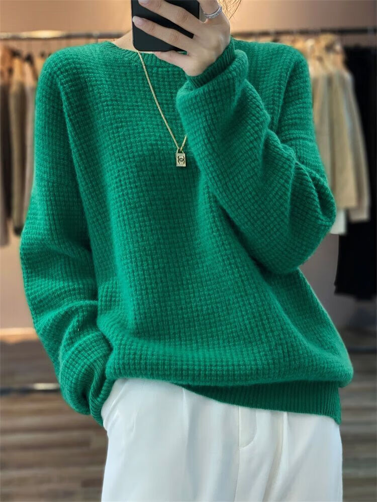 00%纯羊毛衫女冬季加厚菠萝针圆领慵懒风保暖毛衣设计感针织衫潮 青绒