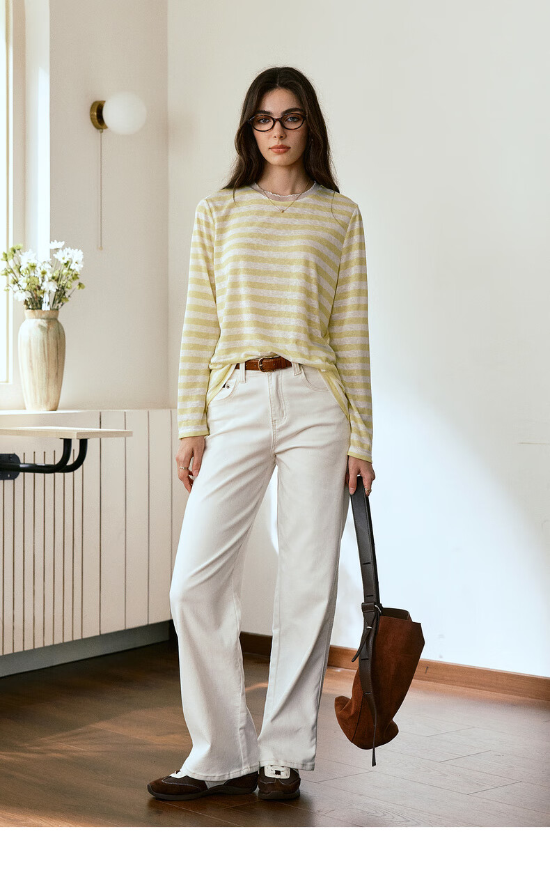 Oulain Round Neck Top Women's Clothing, Autumn New Style, Yellow Striped Pullover Long-Sleeve T-Shirt, Light Yellow, S 6
