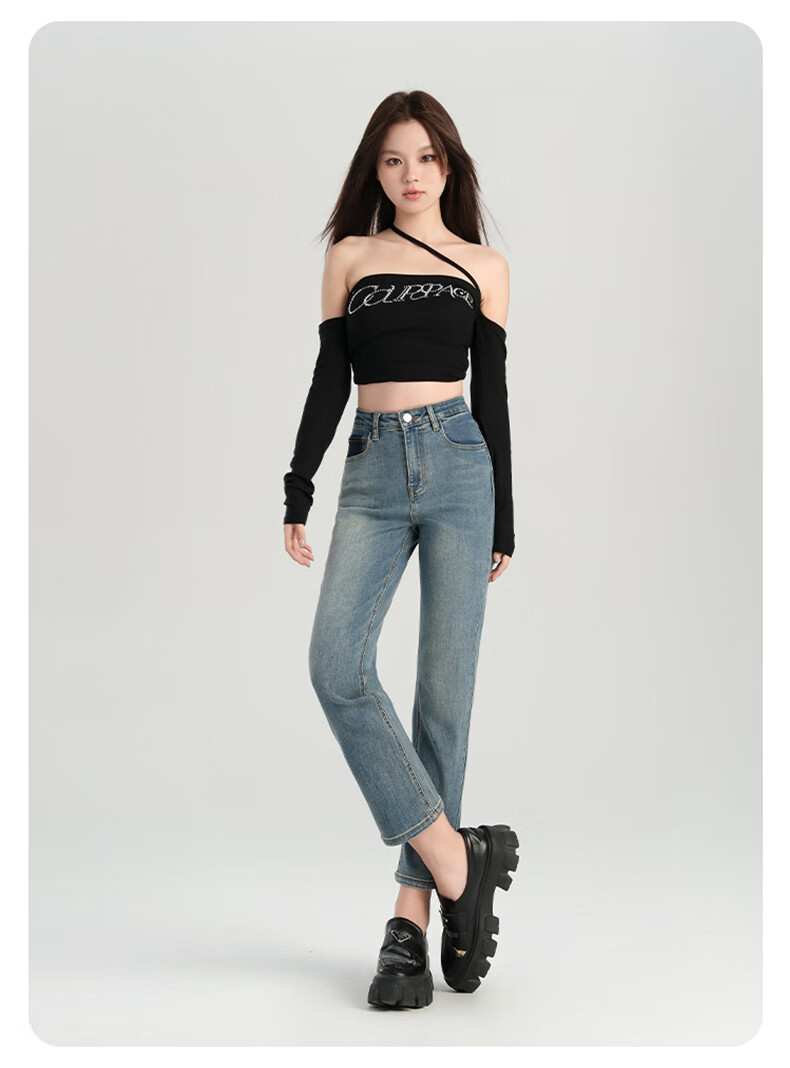 Romon High Waist Slim Fit Women's Denim Jeans Summer Slim Straight Leg Fashion Versatile Cropped Cigarette Pants Vintage Blue 27 8
