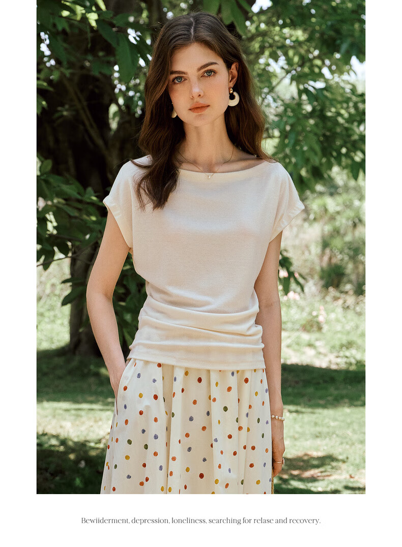 Olrain European Style Elegant Off-Shoulder Slim Fit T-Shirt Women Summer Slimming Youthful Top Apricot XL 17