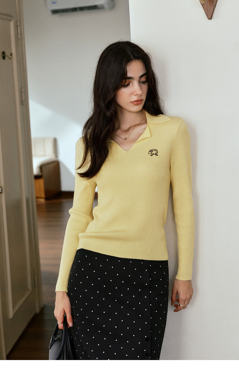 Oulain Commuter Collar Knit Pullover Sweater for Women, Autumn New Style, Versatile Slimming Top, Yellow, XL 7