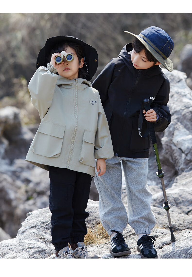 Little Elephant Hamm Boys' Three-Proof Jacket Children's Spring and Autumn Outdoor Boys' Mid-to-Large Kids' Trendy Khaki Jacket 150 cm 25