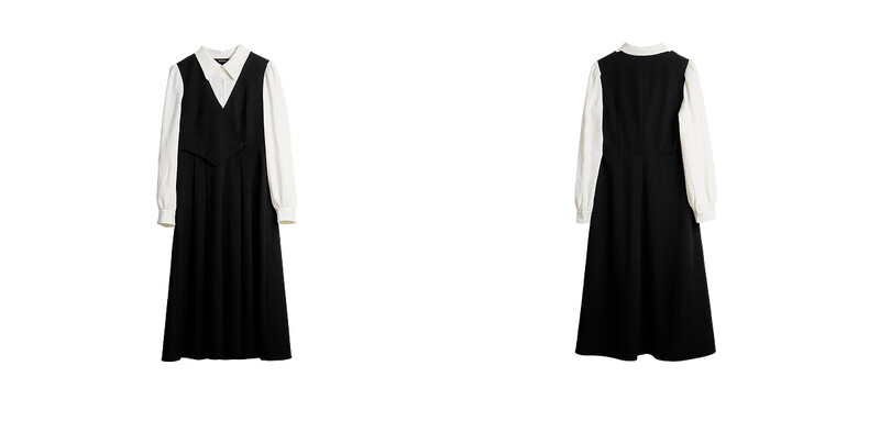 Olrain Elegant Color-Block Spliced Faux Two-Piece Dress Women Autumn New Long Sleeve Dress Black S 11