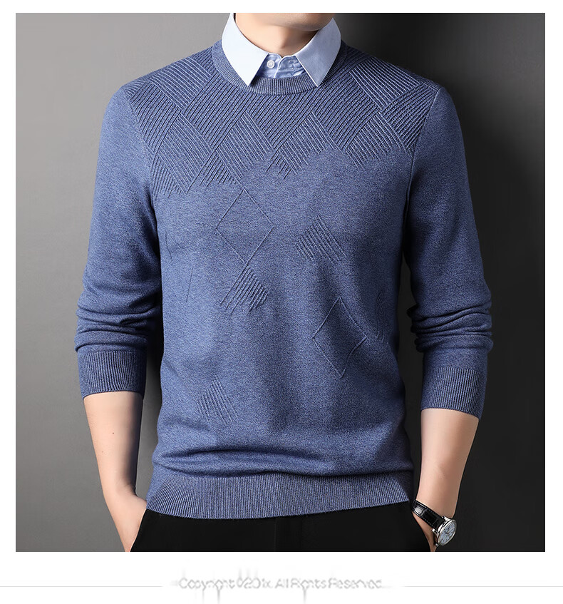 ROMON Men's Faux Two-Piece Sweater Long Sleeve Knitwear Autumn Winter Business Casual Base Shirt 7