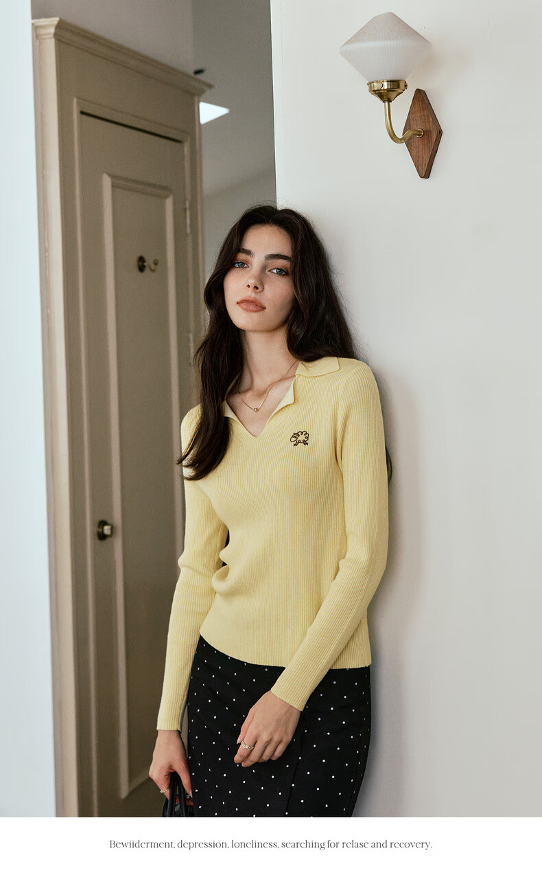 Oulain Commuter Collar Knit Pullover Sweater for Women, Autumn New Style, Versatile Slimming Top, Yellow, XL 6