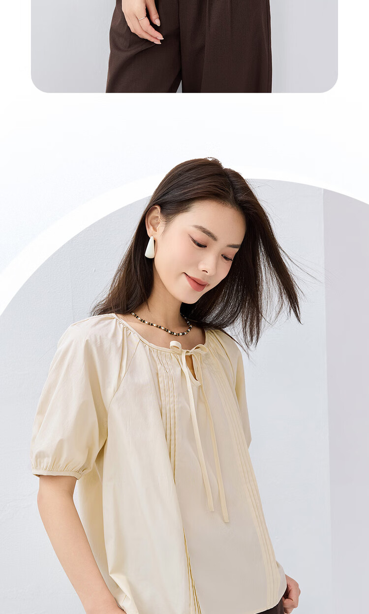 Giordano Women's Short-Sleeve Shirt, Pure Cotton, Brocade, Tie-Up Collar, Pleated, Raglan Sleeve, French Style, Elegant Blouse, 13345305 14
