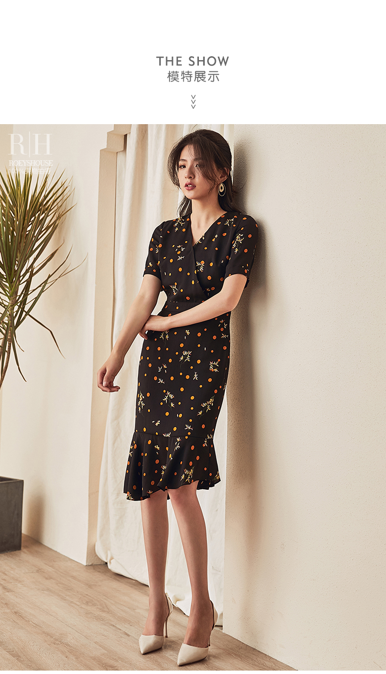 罗衣短袖连衣裙女夏装新款优雅不规则鱼尾摆花色包臀裙子7168 花色 s