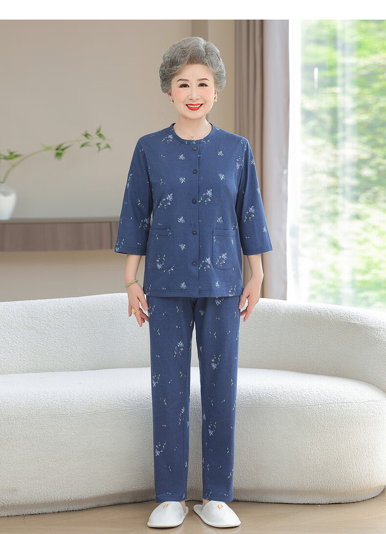 Fengxiao Middle-aged and Elderly Mom Spring Pajama Set Two-piece Pure Cotton Elderly Homewear Grandma Loose Long Sleeve Suit 17