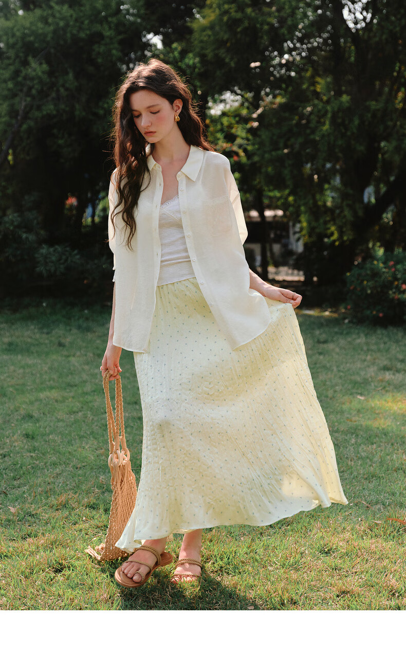 Olrain Yellow Polka Dot Pleated A-Line Skirt Women's Summer High Waist Mid-Length Skirt Yellow S 14