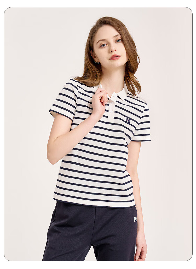 ELLE ACTIVE Vintage Striped Polo Shirt Women's Sports Casual Simple Versatile Comfortable Short Sleeve T-Shirt White/Navy XL 4
