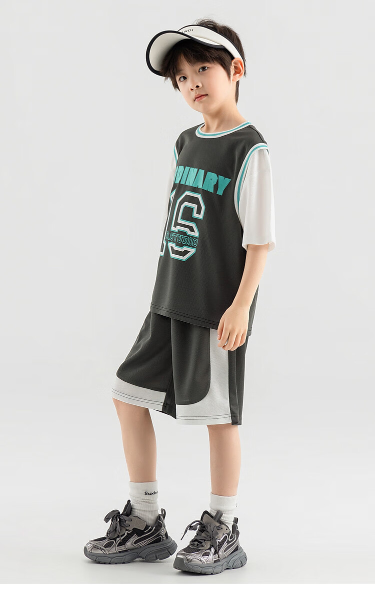 Duoduojia Boys' Sports Mesh Set, Summer Children's Fake Two-Piece Short-Sleeve Pants, Fashionable And Cool Basketball Outfit for Older Kids 16