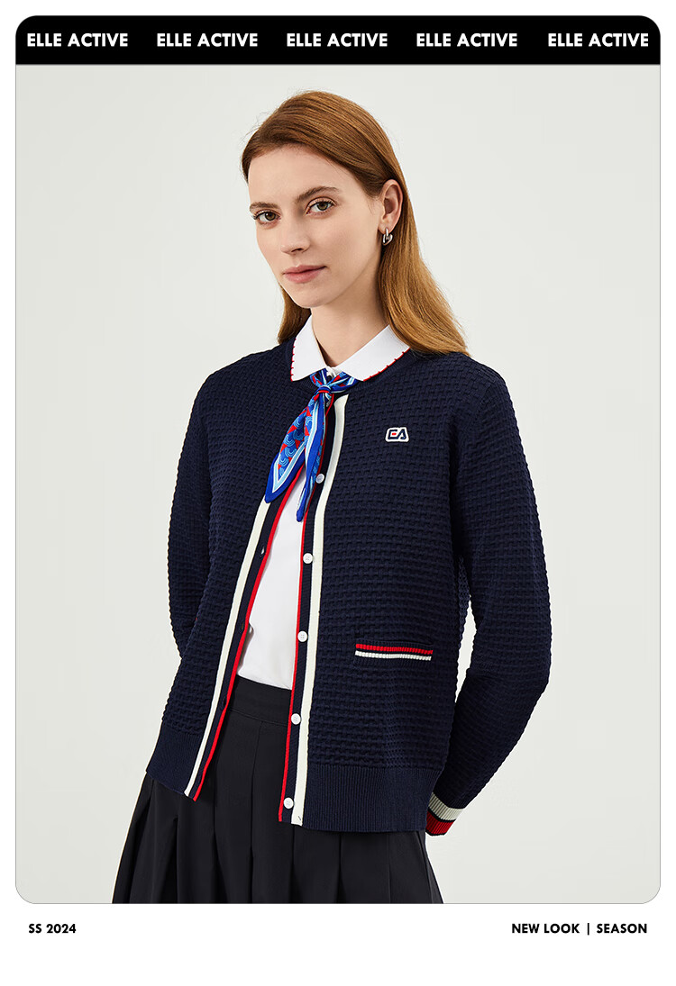 ELLE ACTIVE French Style Waffle Knit Cardigan for Women Casual Commuter Colorblock Soft Autumn Sweater Jacket Navy XL 2