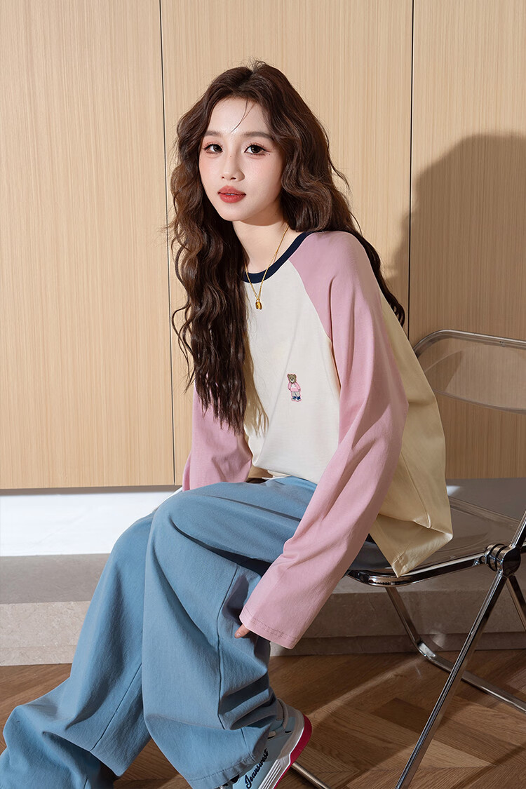 TonLion 2026 Autumn And Winter Long-Sleeve T-Shirt for Women, Round Neck, Raglan Sleeves, Left Chest Lettering, Suitable for Outer Wear 3