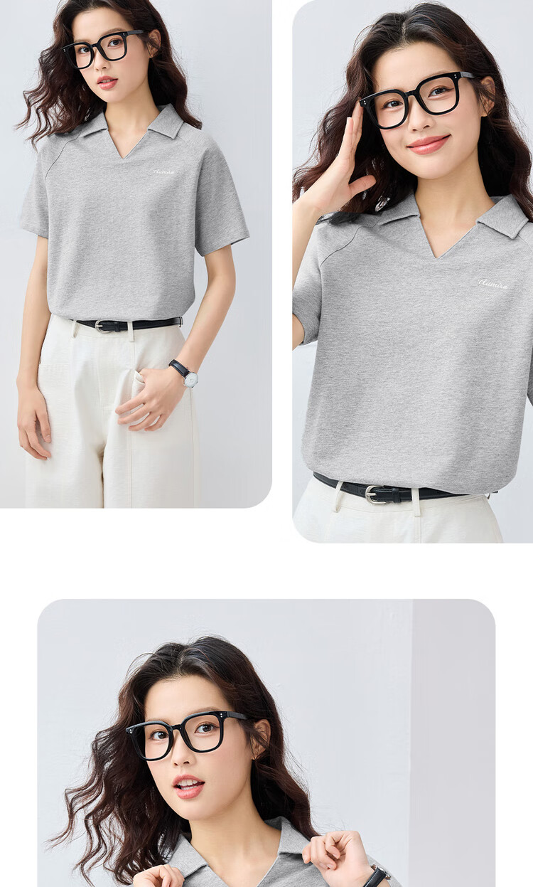 Giordano Women's Short-Sleeve Polo Shirt, Summer Pure Cotton, Letter Embroidery, V-Neck Drop Shoulder Collar Top, 13315205 11