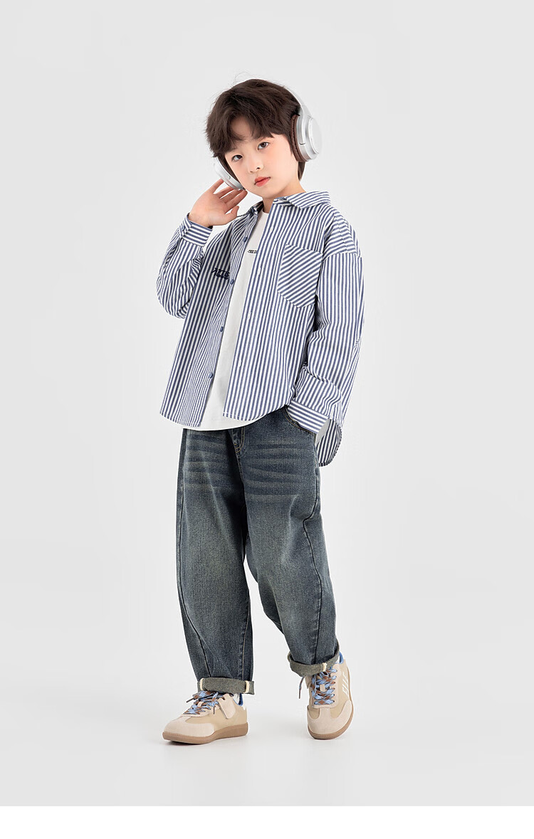 Duoduo Classic Blue and White Striped Boys' Shirt 2025 Autumn New Fashionable Stylish Long Sleeve Outerwear for Older Kids 9