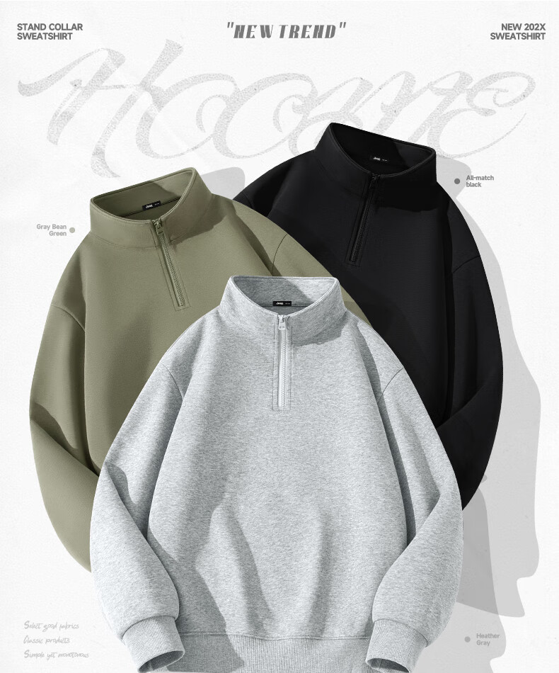 JEEP Men's Heavyweight Pullover Hoodie Spring Autumn Stand Collar Half-Zip Breathable Skin-Friendly Cotton Sweatshirt W Bean Green M 2