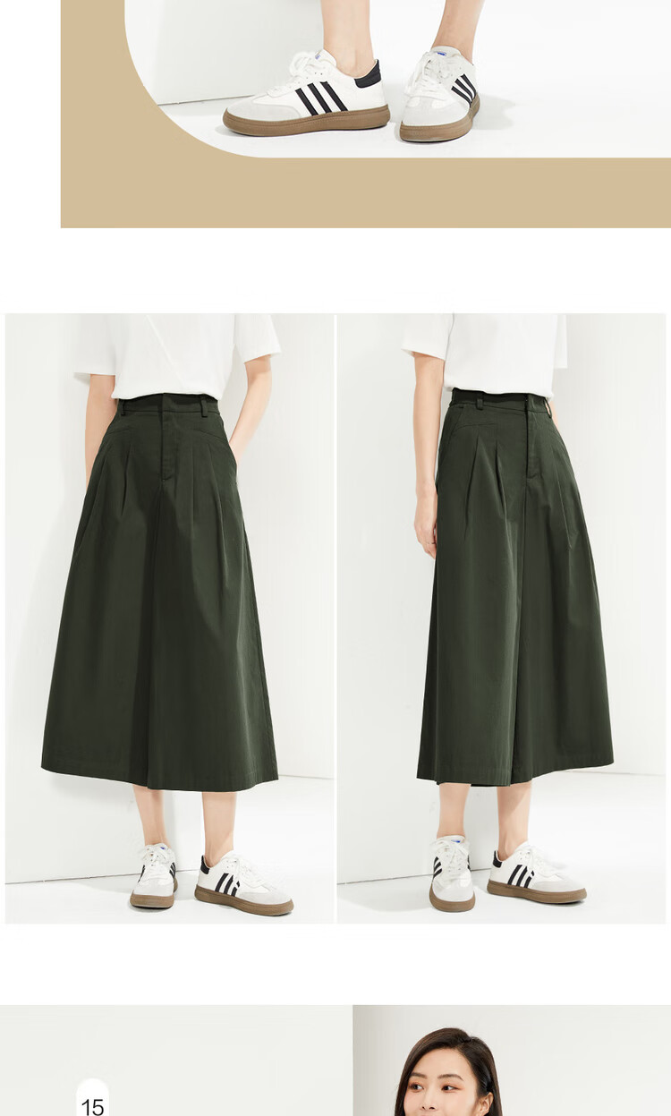 Giordano Women's Cropped Pants, Summer New Style, Pure Cotton Pleated Wide-Leg Pants, Semi-Elastic Waist, Thin Skirt Pants, 05425328 14