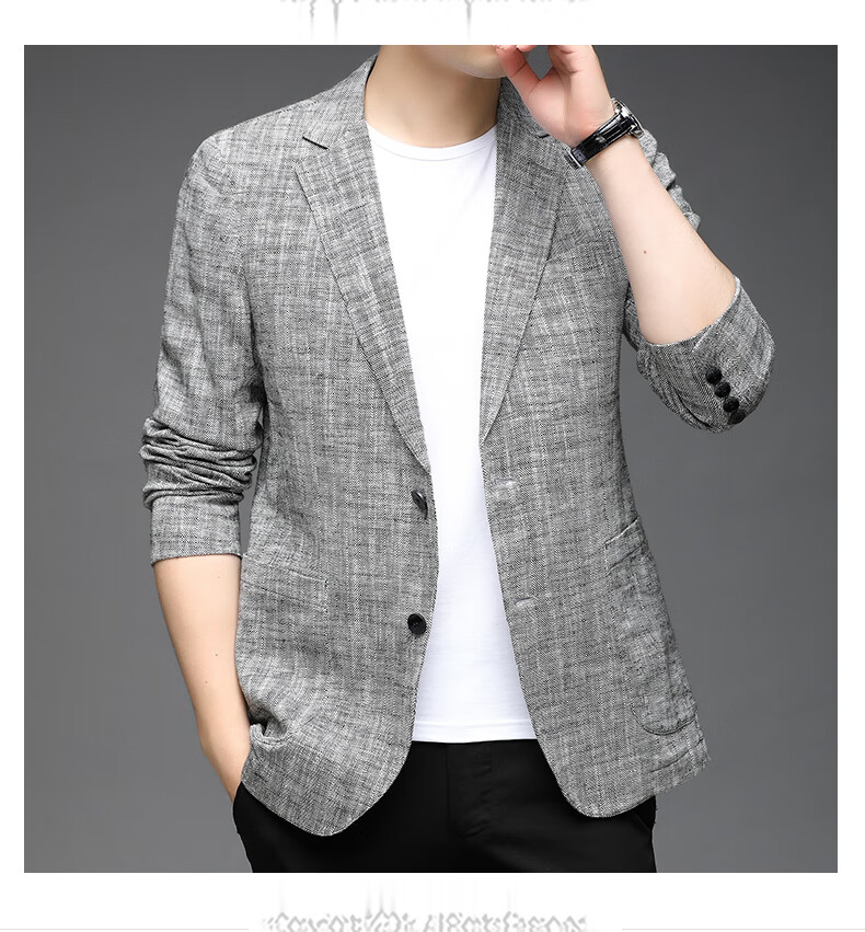 ROMON Men's Linen Casual Blazer Spring and Autumn Slim Fit Single-Breasted Solid Color Business Suit Jacket 9
