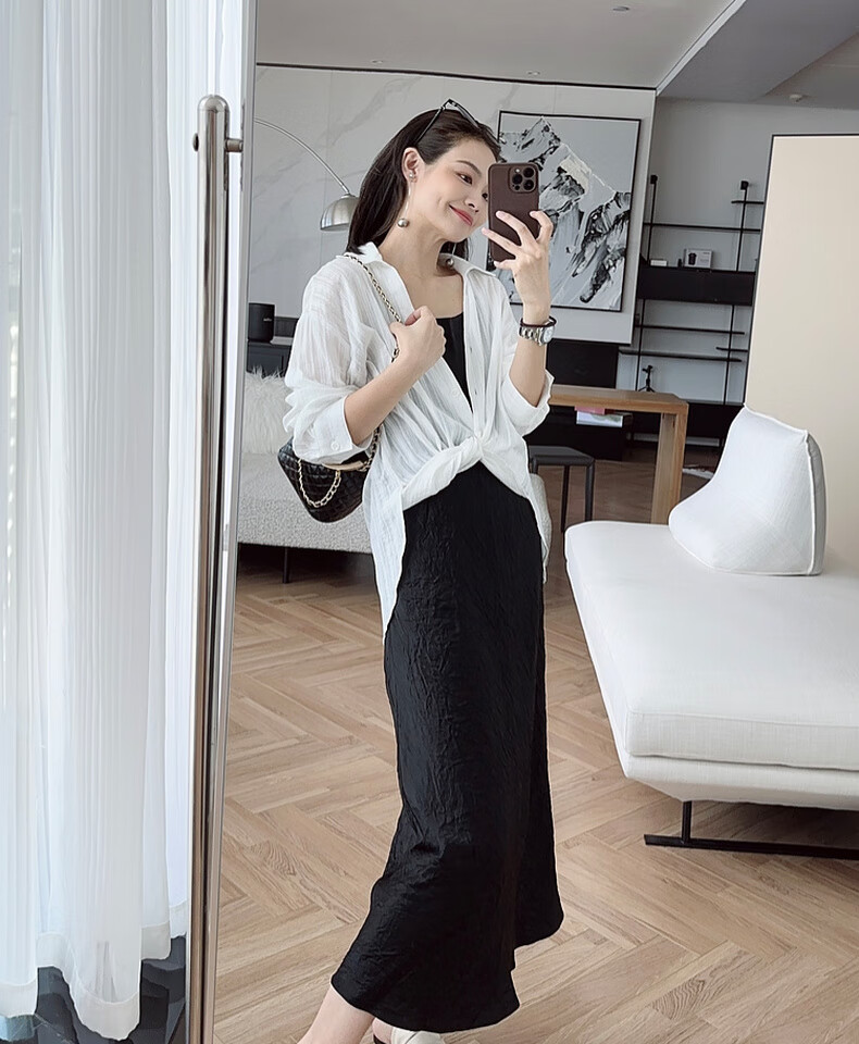 MEIYANG Hepburn Prequel Acetate Spaghetti Strap Dress, Light Luxury Satin Thin Strap Commuter Dress, Black Extended Version, Size S 19