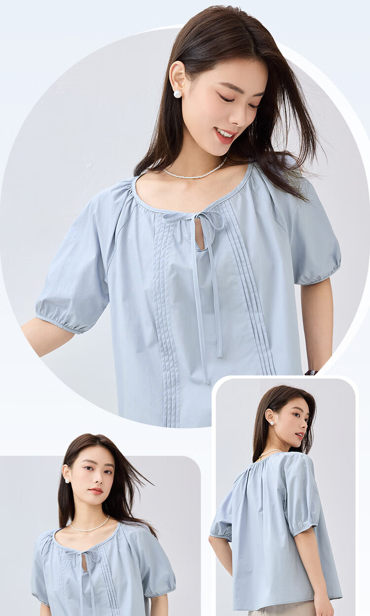 Giordano Women's Short-Sleeve Shirt, Pure Cotton, Brocade, Tie-Up Collar, Pleated, Raglan Sleeve, French Style, Elegant Blouse, 13345305 11