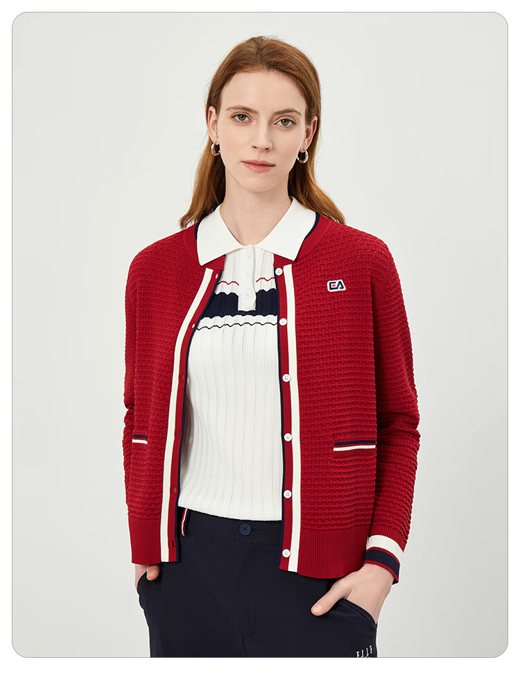 ELLE ACTIVE French Style Waffle Knit Cardigan for Women Casual Commuter Colorblock Soft Autumn Sweater Jacket Navy XL 5