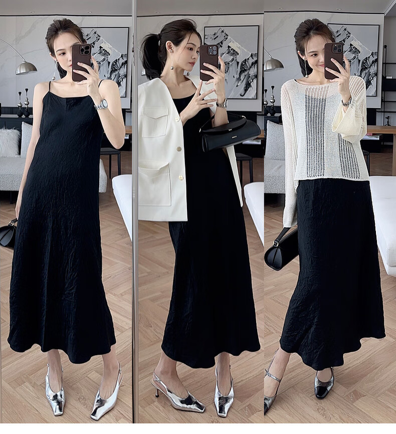 MEIYANG Hepburn Prequel Acetate Spaghetti Strap Dress, Light Luxury Satin Thin Strap Commuter Dress, Black Extended Version, Size S 7