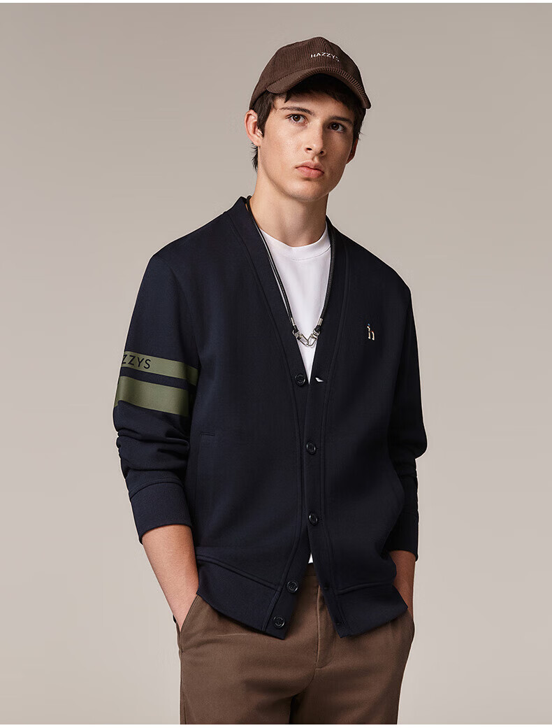 HAZZYS Men's Spring and Autumn V-Neck Casual Jacket with Color-Block Sleeves Cardigan Sweatshirt ABTZE0CCX34 4