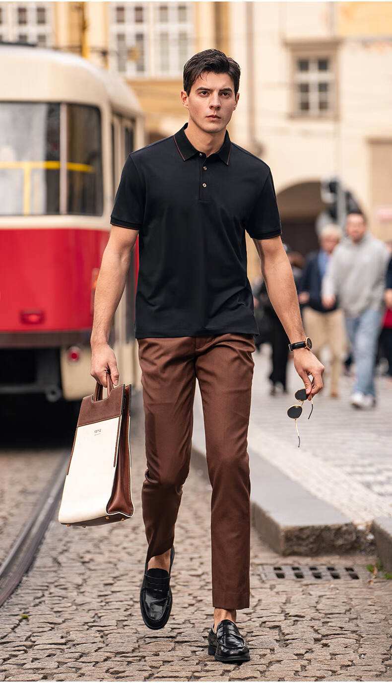 Mr. Bu Patented Collar Contrast Color Three-Button Polo Shell Button Breathable Short Sleeve T-Shirt Saddle Brown XL (180) 2