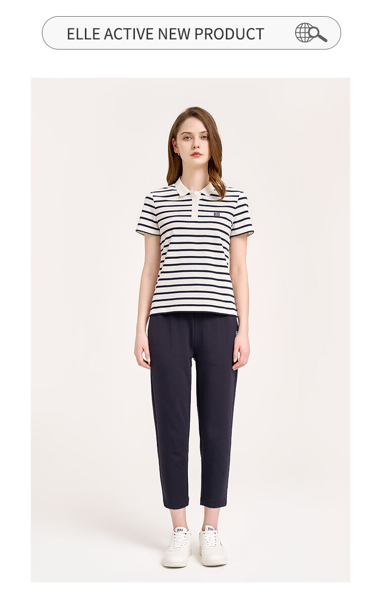 ELLE ACTIVE Vintage Striped Polo Shirt Women's Sports Casual Simple Versatile Comfortable Short Sleeve T-Shirt White/Navy XL 6