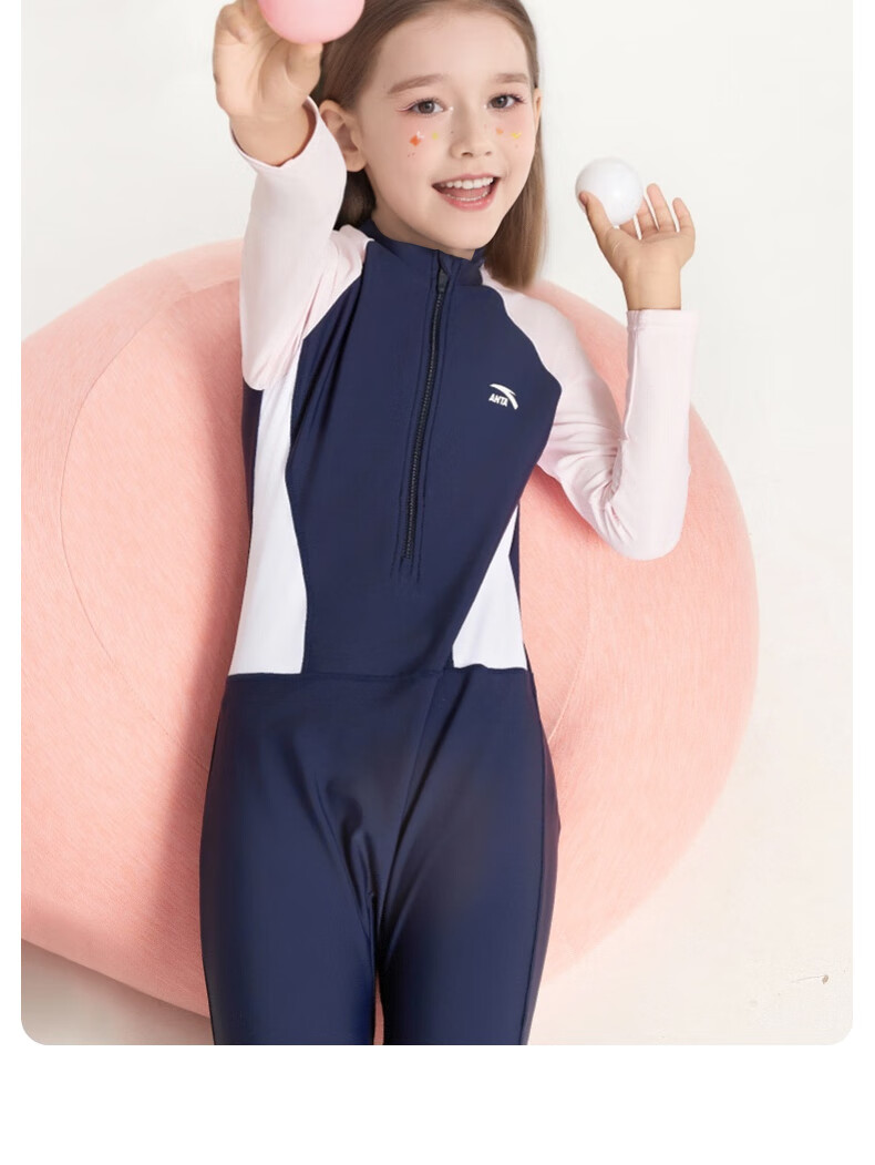 Anta Kids One-Piece Swimsuit New Long Sleeve Boys Girls Sun Protection Professional Training Swimwear for Girls Size 150 20