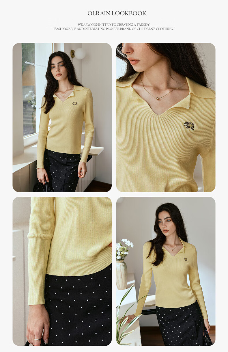 Oulain Commuter Collar Knit Pullover Sweater for Women, Autumn New Style, Versatile Slimming Top, Yellow, XL 4
