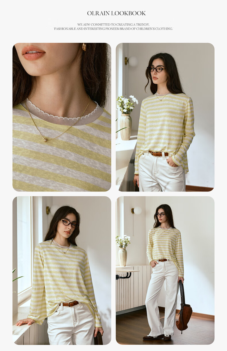 Oulain Round Neck Top Women's Clothing, Autumn New Style, Yellow Striped Pullover Long-Sleeve T-Shirt, Light Yellow, S 3