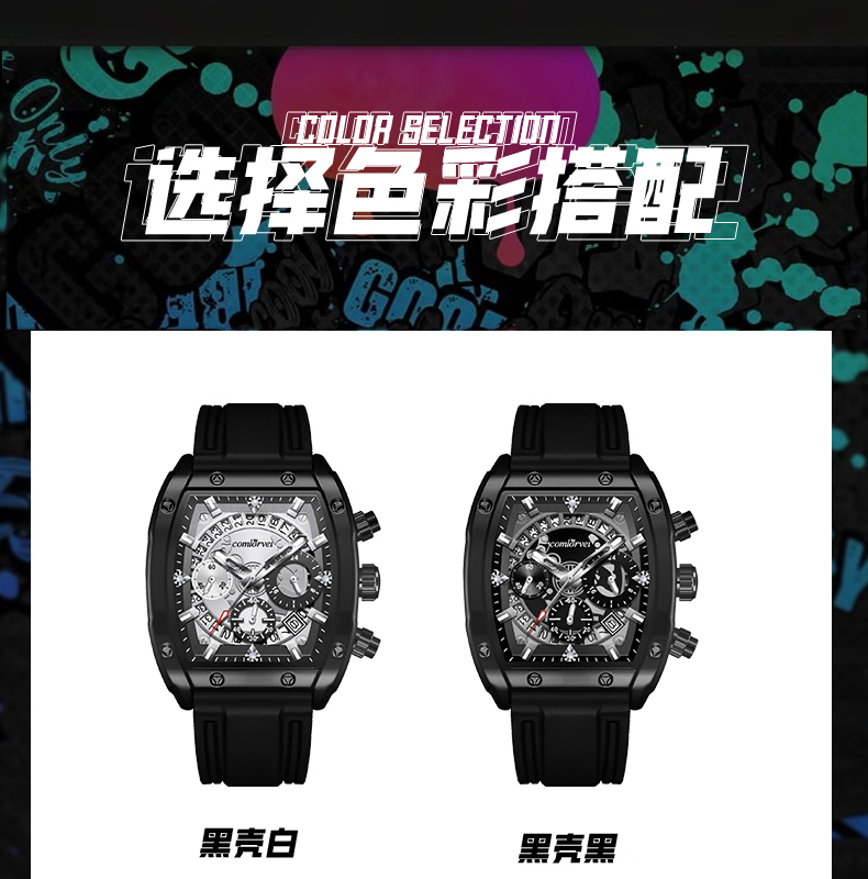COMLORVEI Black Knight Series Trendy Men's Watch Three-Eye Six-Hand Multifunctional National Men's Watch Gift 682 8