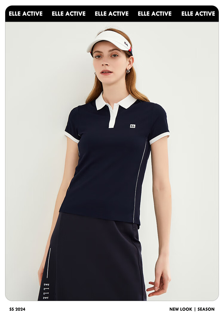 ELLE ACTIVE Fashion Slimming Color-Block Polo Shirt for Women Summer Short Sleeve Slim Fit Sports Casual Top Blue M 7
