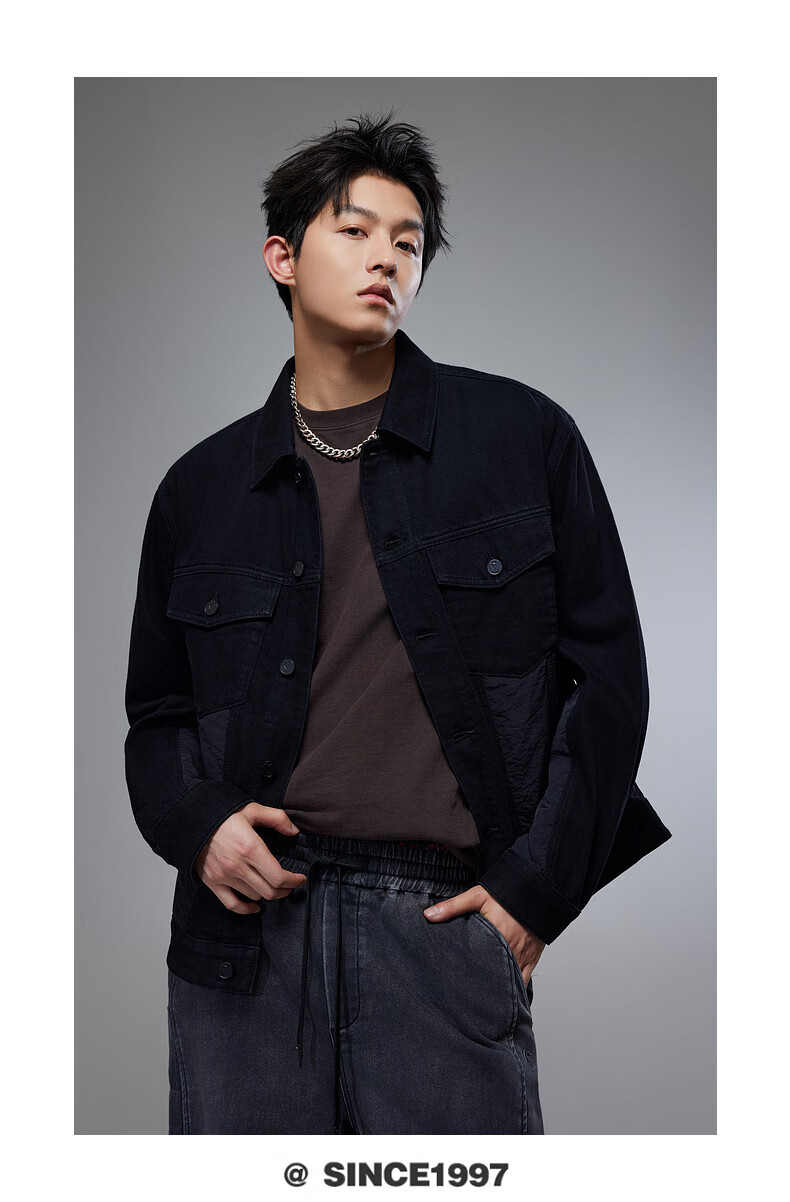 CABBEEN Black Bull D9 Men's Jacket Double-Fabric Splicing Skin-Friendly Comfortable Casual Commuter Autumn Denim Jacket 3