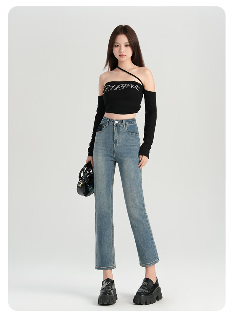 Romon High Waist Slim Fit Women's Denim Jeans Summer Slim Straight Leg Fashion Versatile Cropped Cigarette Pants Vintage Blue 27 6